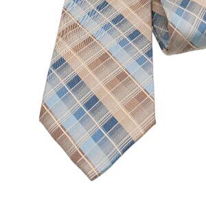 Pronto Uomo Couture Silk Tie Men’s XL 64” Taupe Blue Plaid Woven Classic New